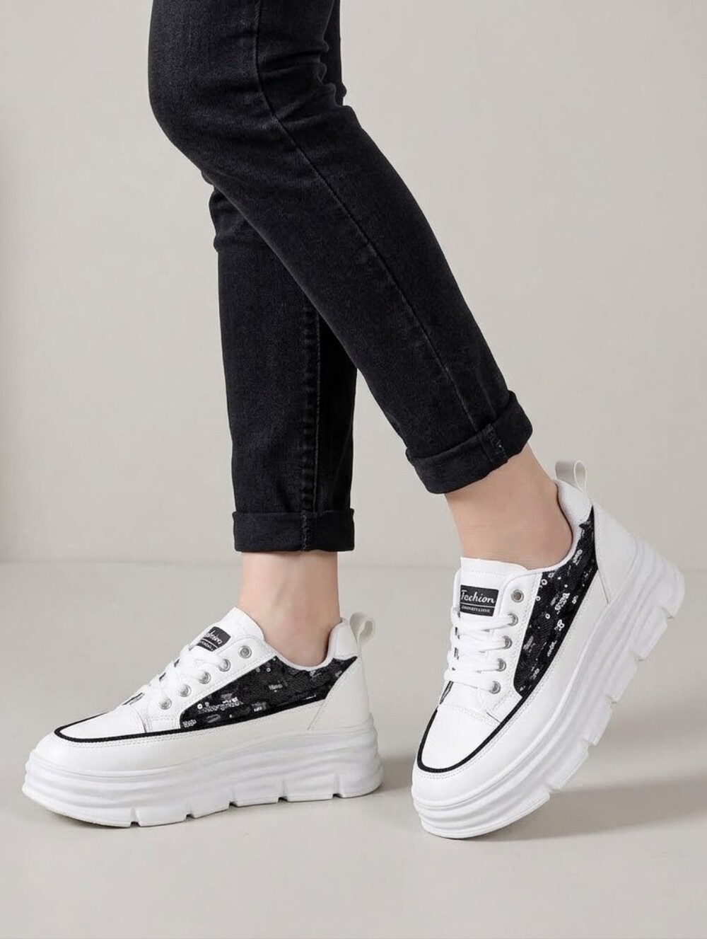 NWT White Chunky Platform Sneakers Lace Sequin Detail Size 43 / US 10.5-11